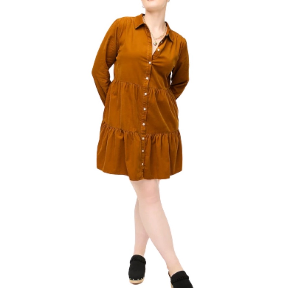 J Crew ladies 18 camel pinwale cord tiered button-up shirt dress.